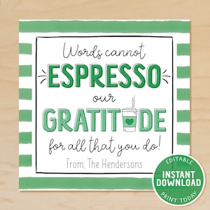 Koffiecadeaulabel, cadeau leraar, bedankje voor koffie, bedankkaartje voor koffie, Words Cannot Espresso Our Gratitude, afdrukbaar, Teacher Appreciation Week, eindejaar