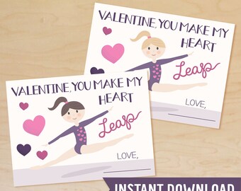 Gimnasia San Valentín DESCARGA INSTANTE, Tarjeta de San Valentín gimnasta, San Valentín de aula imprimible, San Valentín escolar, San Valentín para niños