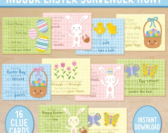May include: 16 colorful clue cards for an indoor Easter scavenger hunt. Each card features a cute bunny illustration and a rhyming clue. The cards are decorated with a checkered pattern and Easter-themed graphics.