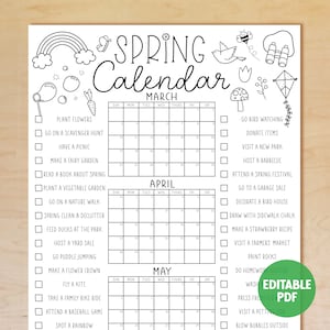 Printable Spring Calendar Poster, Spring Activities Calendar, Spring ...