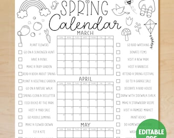 Afdrukbare lentekalenderposter, lenteactiviteitenkalender, lentechecklist, bucketlist, familiekalender, BEWERKBAAR, direct downloaden