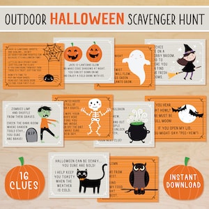 Caça ao tesouro de Halloween ao ar livre para crianças, cartões de dicas de caça ao tesouro de Halloween, atividade de Halloween imprimível, jogo de festa de Halloween