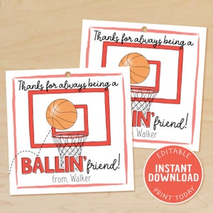 Tags de basket-ball pour la Saint-Valentin, cartes de basket-ball pour la Saint-Valentin, merci d'être un ami Ballin, salle de classe Saint-Valentin, MODIFIABLE téléchargement immédiat