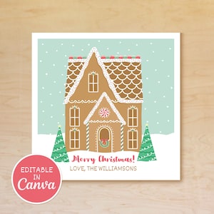 Può includere: Biglietto di Natale con un'illustrazione di una casa di pan di zenzero. Il biglietto presenta il testo "Merry Christmas!" e "Love, The Williamsons." La casa è marrone con dettagli di glassa bianca, su uno sfondo blu chiaro innevato, con alberi di Natale verdi.