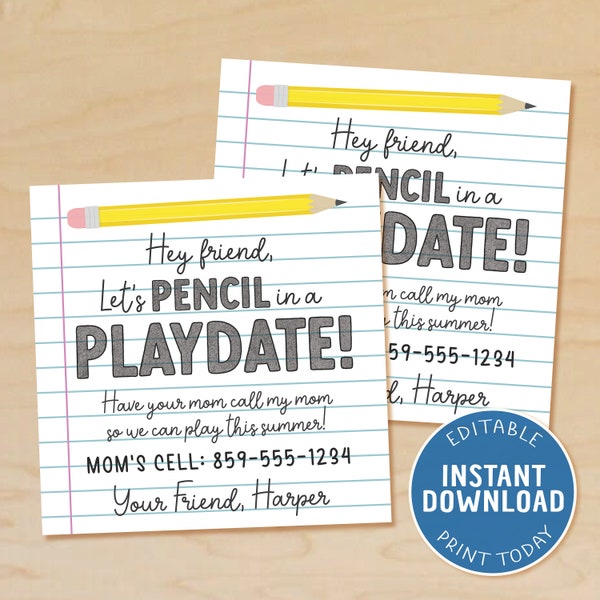 Editable Playdate Cards for Kids, Keep In Touch Cards, End of School, Summer Playdate, Kids Business Card, Contact Card, Instant Download