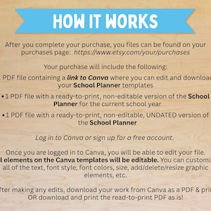 May include: A light blue banner with the text "HOW IT WORKS" in white. Below, text explains the purchase includes a link to Canva for editing school planner templates, a ready-to-print version, and an undated version.