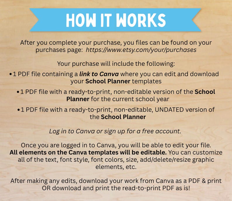 May include: A light blue banner with the text "HOW IT WORKS" in white. Below, text explains the purchase includes a link to Canva for editing school planner templates, a ready-to-print version, and an undated version.