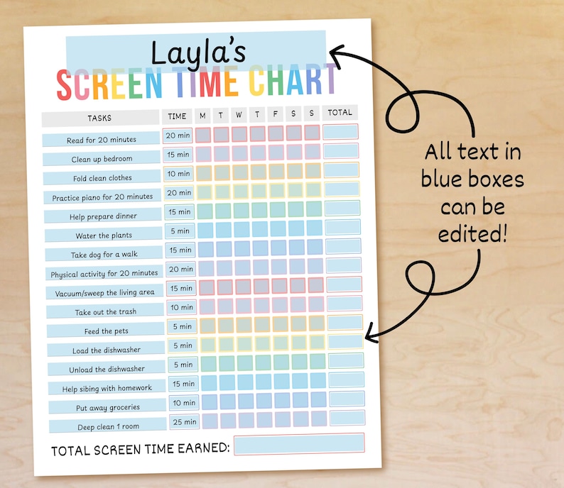 Editable Screen Time Chart for Kids, Screen Time Checklist, Screentime ...