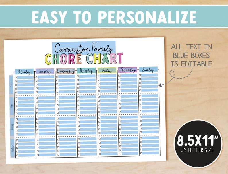 Editable Family Chore Chart, Printable Weekly Chore Chart, 3-6 People ...