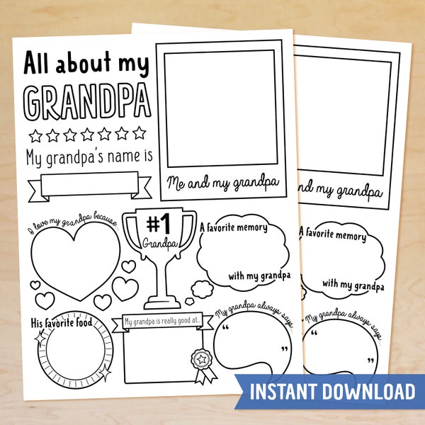 All About Grandpa Fill In Template, Father's Day Gift for Grandpa, Father's Day Activity, Kids Gift for Grandad, Printable, Instant Download