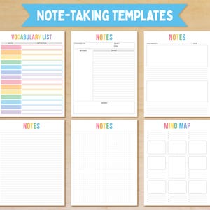 May include: A collection of six note-taking templates on a light wood-grain background. The templates include a vocabulary list, various note pages, and a mind map. The text "NOTE-TAKING TEMPLATES" is displayed in a blue banner at the top.
