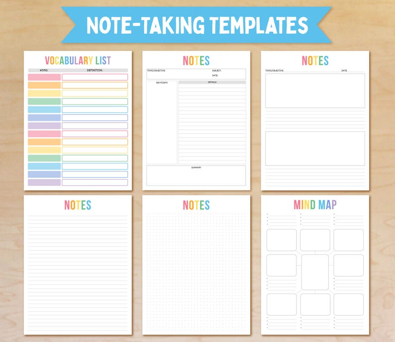 May include: A collection of six note-taking templates on a light wood-grain background. The templates include a vocabulary list, various note pages, and a mind map. The text "NOTE-TAKING TEMPLATES" is displayed in a blue banner at the top.