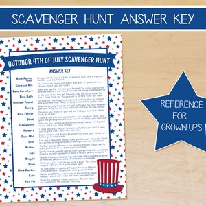 May include: A printable 4th of July scavenger hunt answer key with a list of items to find outdoors, such as a garbage bin, bird bath, swing, shed, flowers, door mat, grill, mailbox, tree, bicycle, slide, herb garden, gate, and fire pit. The answer key is decorated with red, white, and blue stars and a cartoon Uncle Sam.
