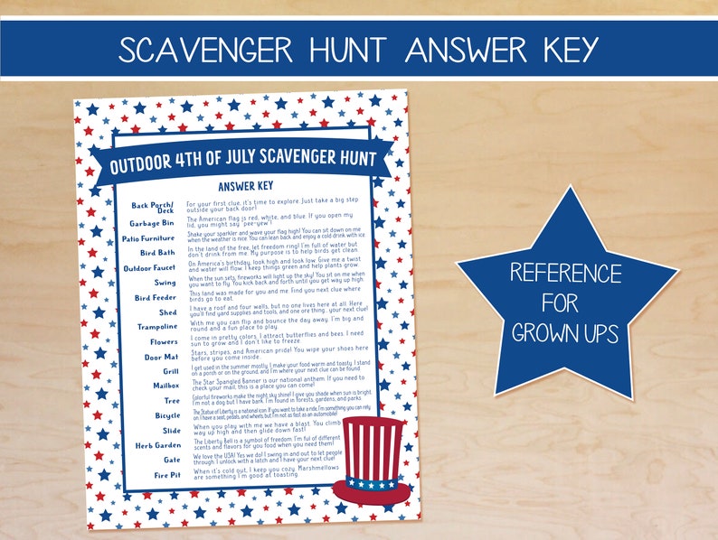 May include: A printable 4th of July scavenger hunt answer key with a list of items to find outdoors, such as a garbage bin, bird bath, swing, shed, flowers, door mat, grill, mailbox, tree, bicycle, slide, herb garden, gate, and fire pit. The answer key is decorated with red, white, and blue stars and a cartoon Uncle Sam.