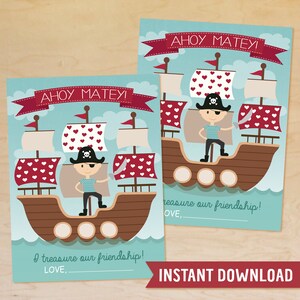 Pirate Valentine INSTANT DOWNLOAD, Classroom Valentine, Pirate Ship Valentine, Valentines for Boys, Ahoy Matey, Valentines Day Cards