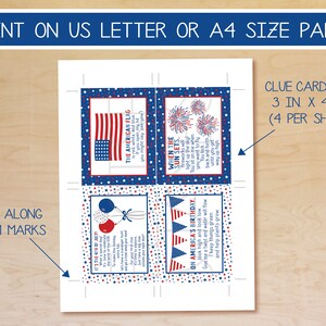 May include: Printable 4th of July clue cards with red, white, and blue stars and stripes. The cards are 3 inches by 4 inches and there are 4 cards per sheet. The text on the cards includes "The American Flag", "It's the 4th of July", "When the Sun Sets", and "On America's Birthday".