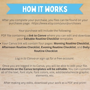 Puede incluir: Una pancarta azul claro con el texto "HOW IT WORKS" se encuentra sobre un fondo de madera. El texto explica c&oacute;mo acceder y editar una plantilla de lista de verificaci&oacute;n de rutina en Canva, incluidas las p&aacute;ginas de la lista de verificaci&oacute;n: Ma&ntilde;ana, Tarde, Noche y Diario.