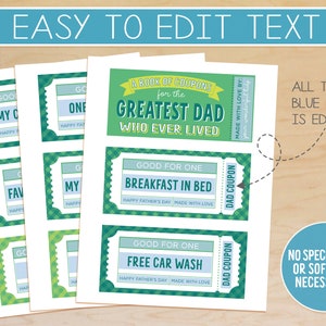 Editable Coupon Book for Dad, Printable Father's Day Coupons, Fathers ...