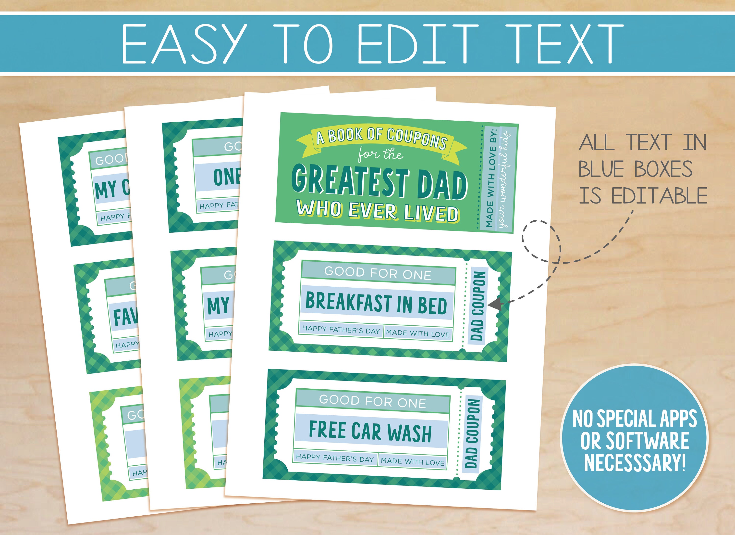 Editable Coupon Book for Dad, Printable Father's Day Coupons, Fathers ...
