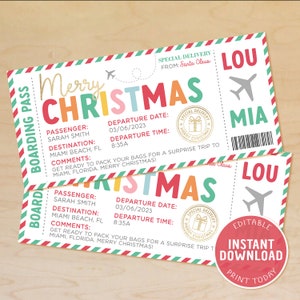 Modèle de carte d'embarquement de Noël, cadeau billet d'avion, révélation surprise de vacances, voyage surprise de Noël, modifiable, téléchargement immédiat