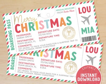 Christmas Boarding Pass Template, Plane Ticket Gift, Surprise Vacation Reveal, Christmas Surprise Trip, Editable, Instant Download