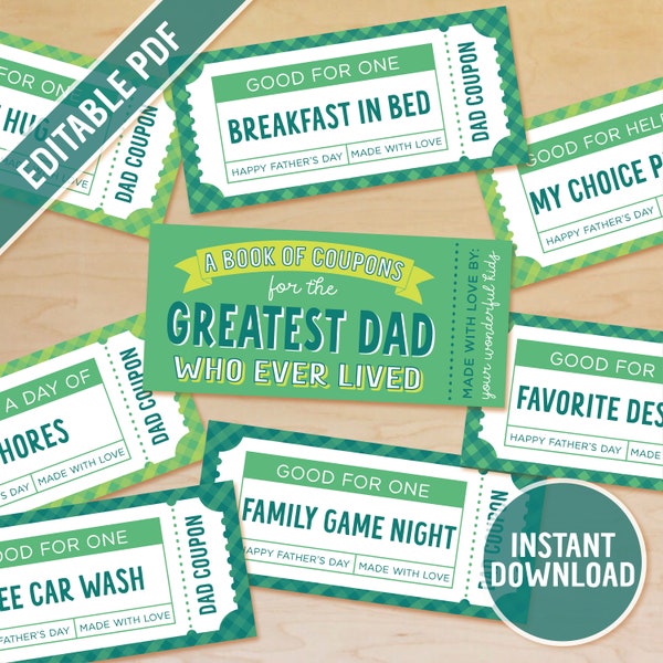 Editable Coupon Book for Dad, Printable Father's Day Coupons, Fathers Day Gift, Birthday Coupons for Dad, Printable Gift, Instant Download