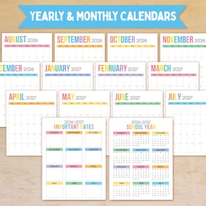 May include: A collection of yearly and monthly calendars for 2026 and 2027. Each calendar features a clean, white layout with colorful headers for each month. The image includes calendars for August 2026 through July 2027, plus a school year calendar.
