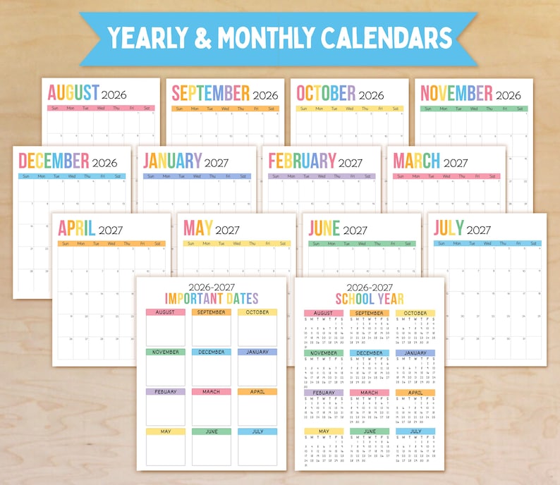 May include: A collection of yearly and monthly calendars for 2026 and 2027. Each calendar features a clean, white layout with colorful headers for each month. The image includes calendars for August 2026 through July 2027, plus a school year calendar.
