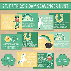 Pistas para la búsqueda del tesoro del día de San Patricio, búsqueda del tesoro del día de San Patricio imprimible, búsqueda de duendes, actividad de interior para niños, juego de San Patricio