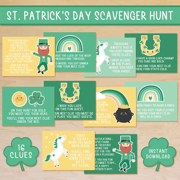 St Patricks Day Scavenger Hunt Clues, St. Patrick's Day Treasure Hunt Printable, Leprechaun Hunt, Indoor Activity for Kids, St Patrick Game