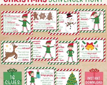 Christmas Scavenger Hunt, Elf Treasure Hunt, Scavenger Hunt for Kids, Elf Activity, Kids Christmas Activities, Clue Cards, Printable
