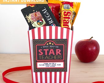 Movie Teacher Appreciation Printable, Teacher Movie Night Gift, Popcorn Box Template, EDITABLE Gift Tags, Star Teacher, Picture Perfect