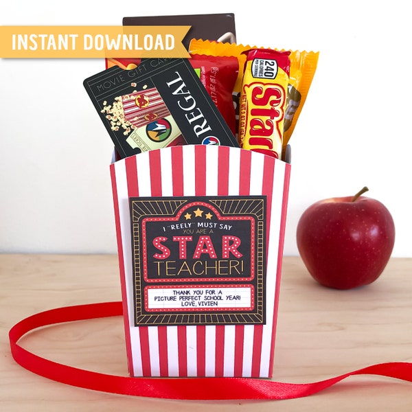 Movie Teacher Appreciation Printable, Teacher Movie Night Gift, Popcorn Box Template, EDITABLE Gift Tags, Star Teacher, Picture Perfect