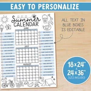 Printable Summer Calendar Poster, Summer Activities Calendar, Bucket List, Summer Checklist, Family Calendar, EDITABLE, Instant Download image 3