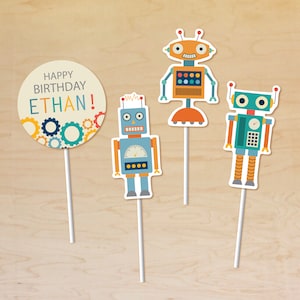 Robot Cupcake Toppers Personalized, Robot Party Decor, Printable Cupcake Toppers, Robot Birthday Theme, Robot Party Printable, Cake Toppers