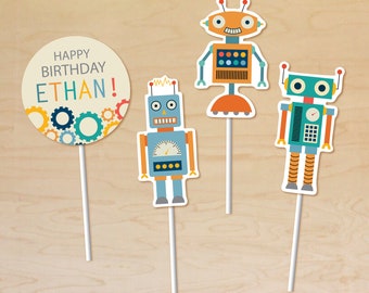 Robot Cupcake Toppers Personalized, Robot Party Decor, Printable Cupcake Toppers, Robot Birthday Theme, Robot Party Printable, Cake Toppers