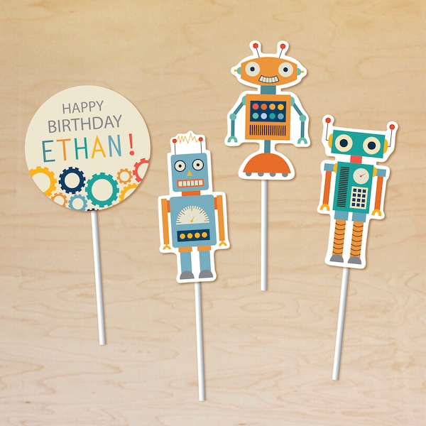 Robot Cupcake Toppers Personalized, Robot Party Decor, Printable Cupcake Toppers, Robot Birthday Theme, Robot Party Printable, Cake Toppers