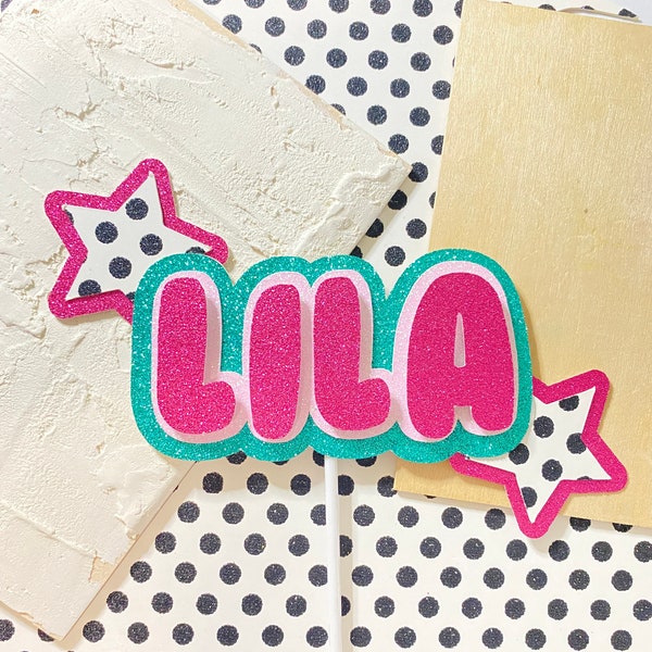 Custom Glitter Birthday Cake Topper: Pink, Blue, and Polka Dot Stars