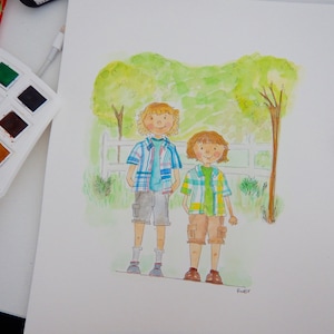 Hand Painted Watercolor Family Portrait: Custom Children Illustration