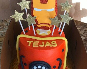 Ironman Cake Topper: Metallic Mask & Stars Party Decor