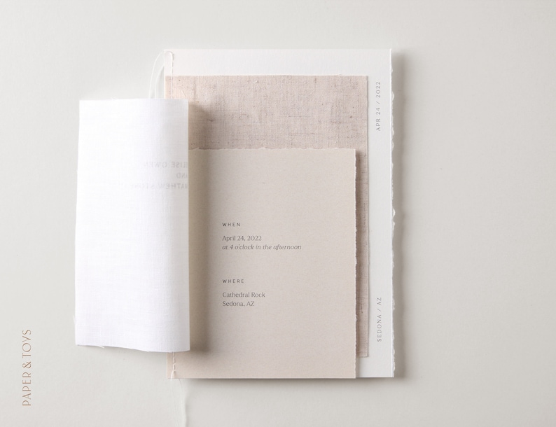 Layered Linen Wedding Invitation, torn edge, deckle edge, natural, minimalist, simple, linen, wedding invitation image 3