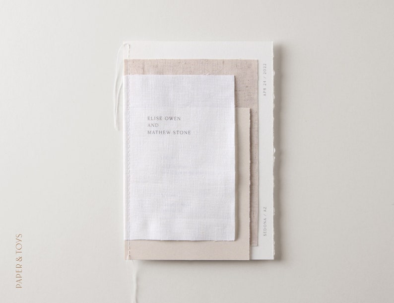 Layered Linen Wedding Invitation, torn edge, deckle edge, natural, minimalist, simple, linen, wedding invitation image 1
