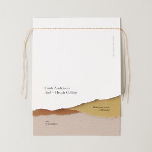 Set di inviti per matrimonio con paesaggio, bordo strappato a mano - carta cucita a mano, bordo frastagliato, naturale, minimale, minimalista, semplice, inviti