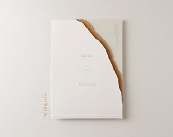 Goldfolie Abstrakte Hochzeitseinladung, Folie stempeln, Buchdruck, Gerissener Rand, natur, minimal, minimalistisch, modern, schlicht, Hochzeitseinladung