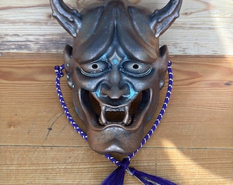 Japanese inspired Hannya noh mask in faux copper patina