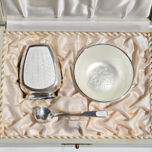 Könnte beinhalten: Ein silbernes Set in einer weißen Box, einschließlich eines Salzstreuers, einer kleinen Schüssel mit Sternmuster und eines Löffels. Der Salzstreuer hat ein weißes strukturiertes Design. Das Set wird auf einem satinartigen Stoff präsentiert.