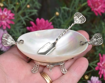 Antique Mother of Pearl and Silver Filigree Salt Cellar and Spoon