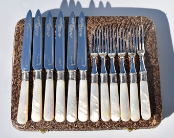 Wonderful Set of Vintage James Dixon Silver Plate and Mother of Pearl Fruit Knives & Forks for 6 People