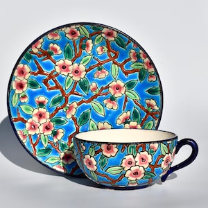 Rare French Enamels LONGWY Tea Cup & Saucer - Decor 188 -  Emaux de Longwy