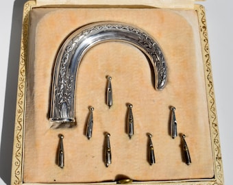 Antique Cased French 800 Silver Parasol Handle & Tips Set - Empire/Repousse Laurel - Umbrella Set